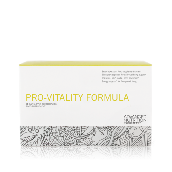 Advanced Nutrition Programme Pro-Vitality Formula is a comprehensive well-being pack with daily dose of six supplements: Skin Vitality 1, Skin Omegas+, Skin Antioxidant, Skin Vit C, Brain capsule and Energy capsule.